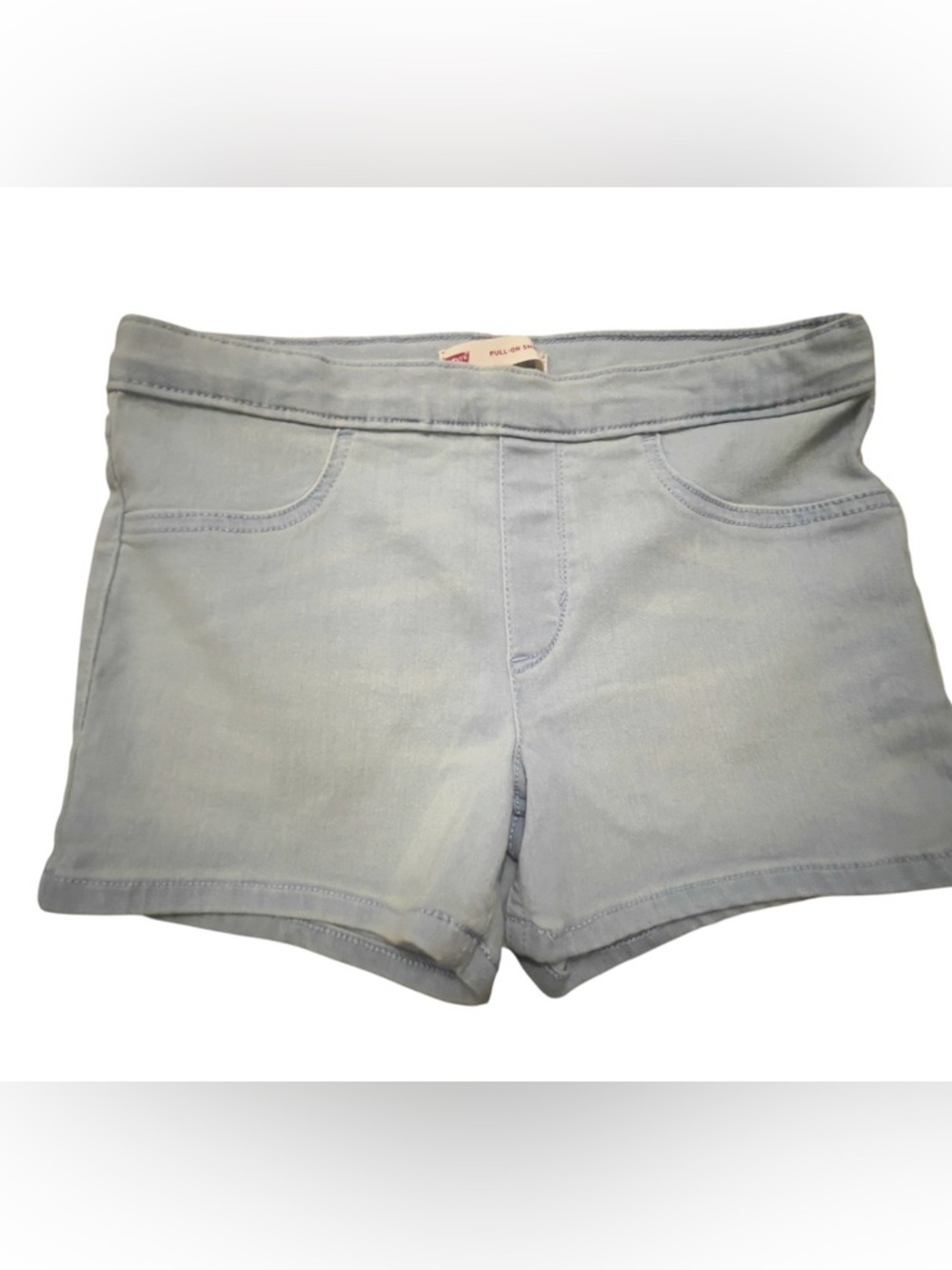 Levi's Pull-On Shorty Shorts in a faded light blue denim.